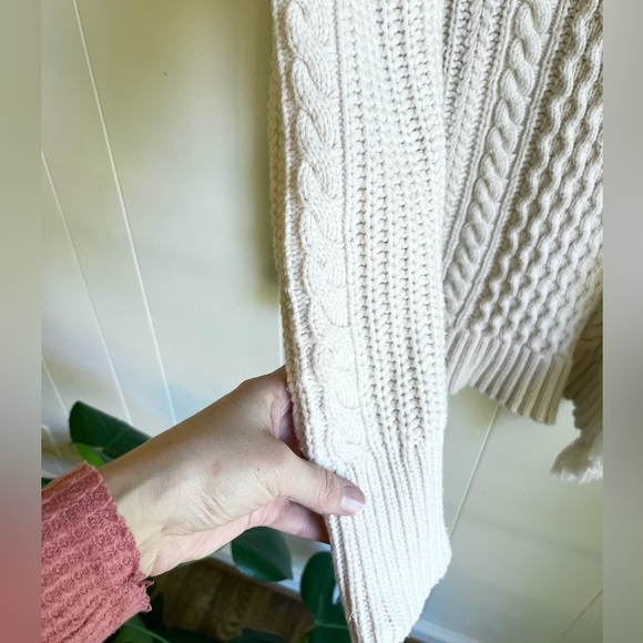 J. Crew Cable Knit Fringe Slit Ivory Cotton Wool Blend Tunic Sweater Sz Med - Picture 9 of 10